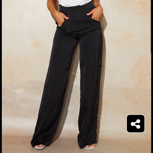 PrettyLittleThing Pants - Black Satin Pintuck Pocket Detail Wide Leg Pants